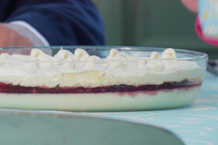 Layers of baked custard and jam topped with a chewy meringue.