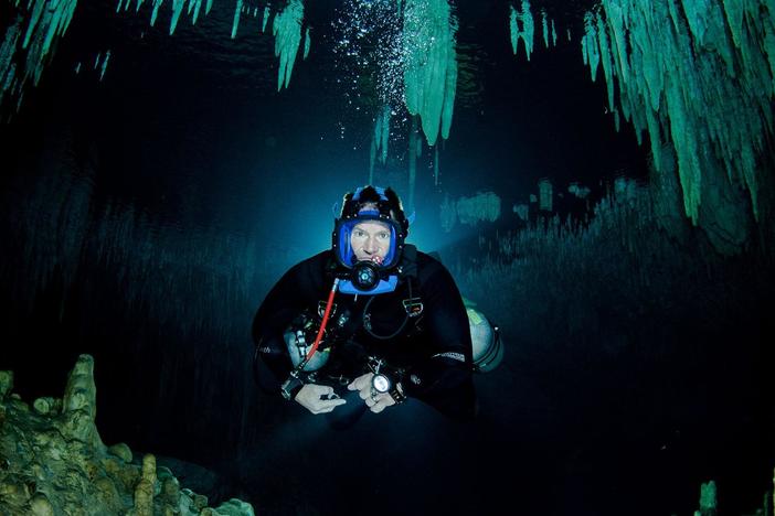 Cave diver Bernadette Carrion van Rijn takes Steve on a training dive.