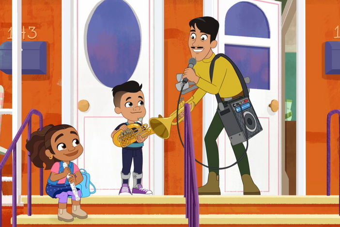 Alma, Eddie, Uncle Nestor, & Tia Gloria prep for their musical performance at the subway!