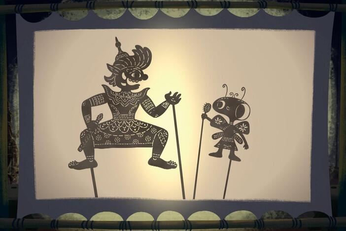 The kids learn about the Khon dance and shadow-puppets in Thailand.