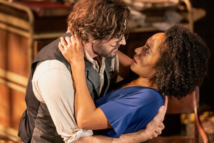 Dr. Astrov (Richard Armitage) and Yelena (Rosalind Eleazar) say their emotional goodbyes.
