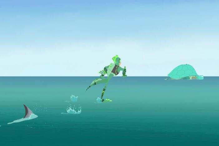 Chris and Martin use basilisk and pelican powers to get away from a bull shark.
