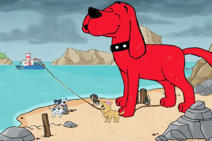 Clifford and friends prepare the beach for a storm./The dogs play in a cardboard box fort.