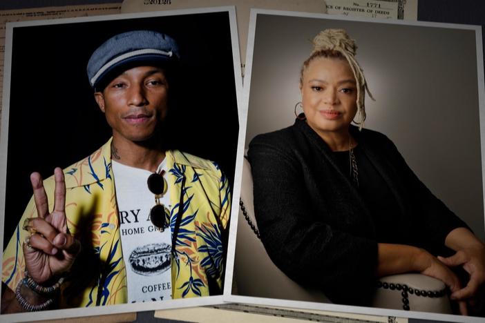 Henry Louis Gates, Jr. helps musician Pharrell Williams and filmmaker Kasi Lemmons.