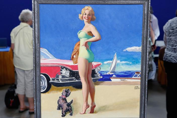Colleene Fesko appraises an Earl Moran "pinup" painting, ca. 1955 in Boise, Hour 2!