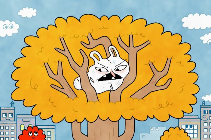 Watt and Windy help Detritus who has gotten stuck in a tree in the park.