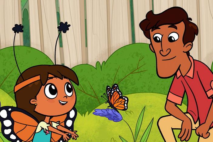 Rosie, Javi and Papá build a butterfly garden for la monarca.
