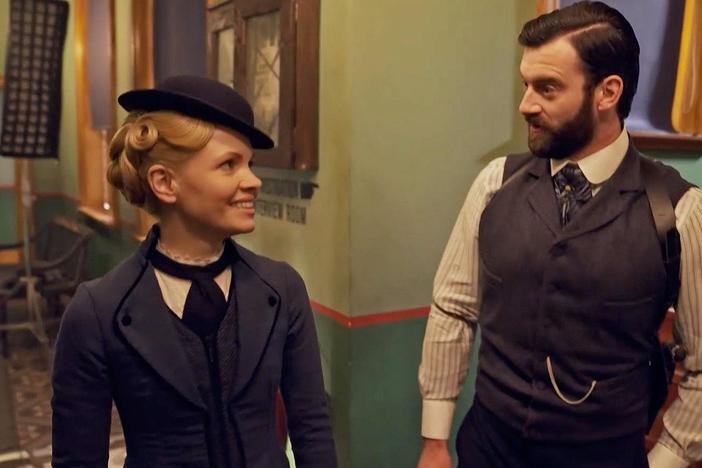 Kate Phillips and Stuart Martin give a grand tour of the Season 2 Scotland Yard set.