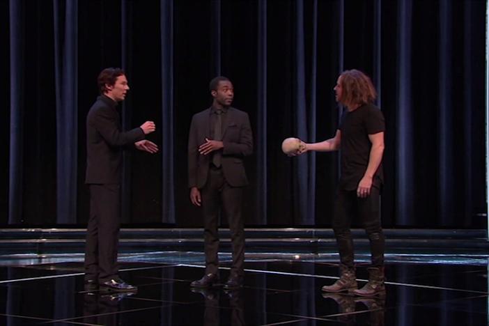 Some friends stop by to give Hamlet actor Paapa Essiedu notes on his performance.