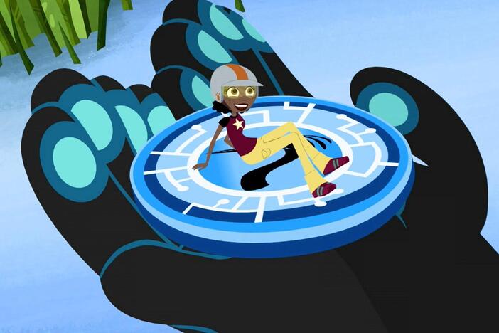Aviva and Koki create a regular sized creature power disc to take to the brothers.