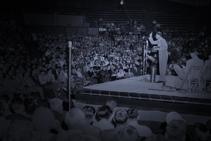 Billy Graham drew national attention with sermons in tented revivals, known as “crusades.”