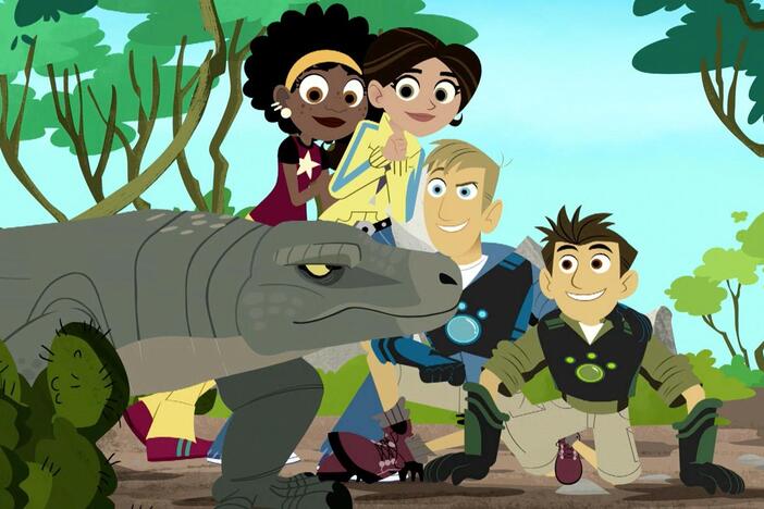 The gang arrives at the Komodo Dragon Island.