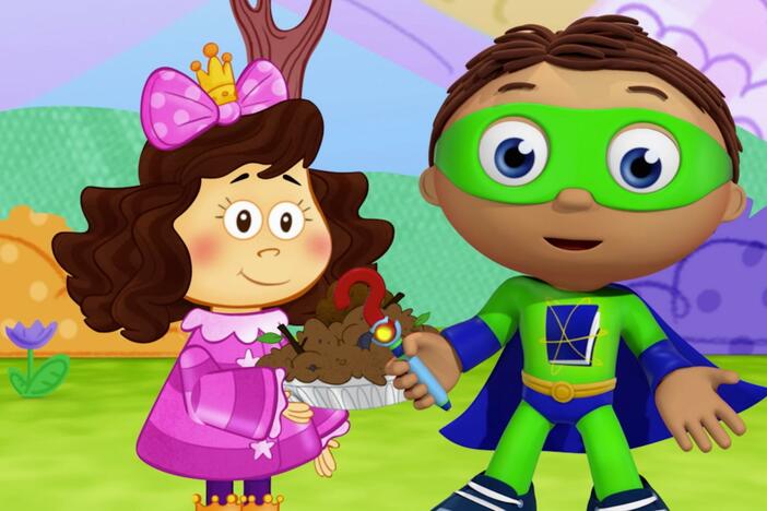 Super Why helps Princess Reese bring mud to the princess picnic.