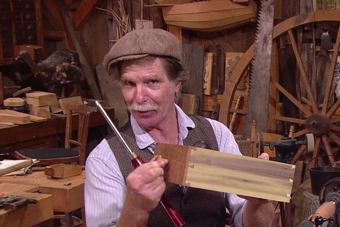 With foot-powered lathe, Roy turns the cherry knobs for Shaker furniture.