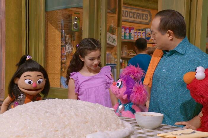 Elmo and Abby are hosting a cook-off called Use! That! Rice!