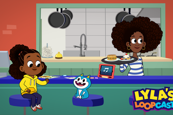 Lydia encourages Lyla and Stu to write a catchy jingle for Loops Lunch.