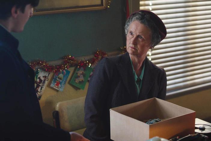 Timothy asks Miss Higgins to help hide a live Christmas present in the clinic.