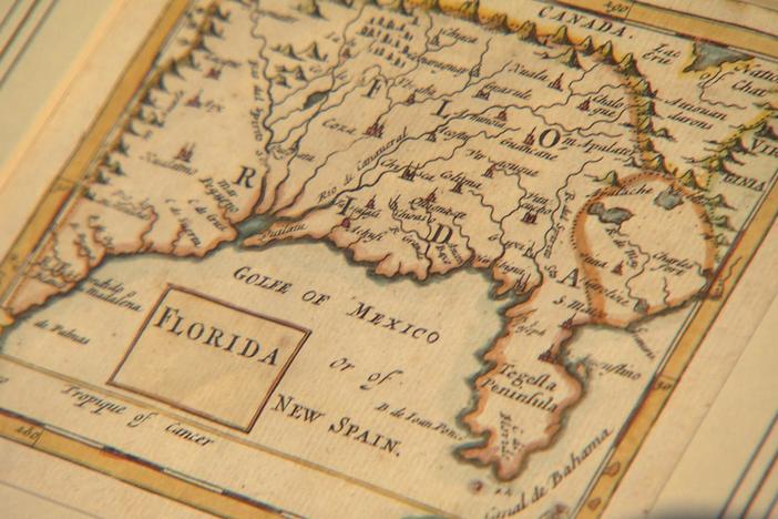With labels in three languages, what can this map tell about how Europe colonized Florida?