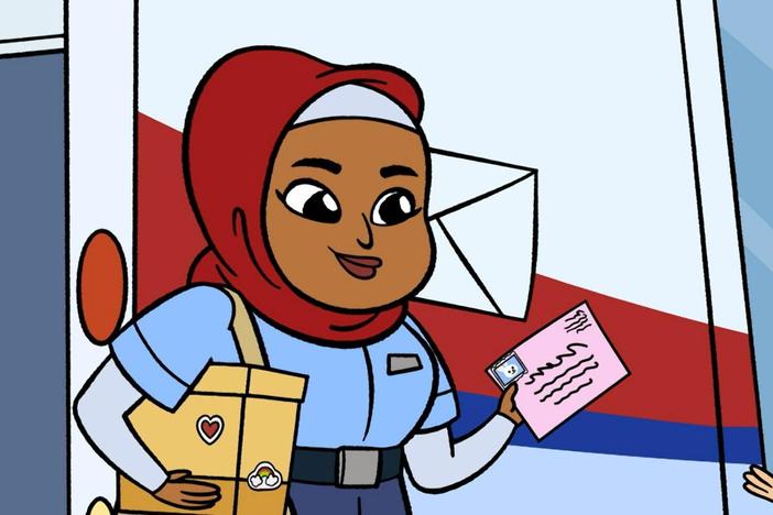 The mail carrier picks up Rosie's letter to Abuela.