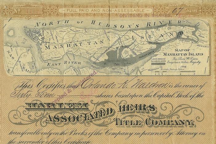 What stake does this 1892 stock certificate give the Harlem Heirs in Harlem real estate?