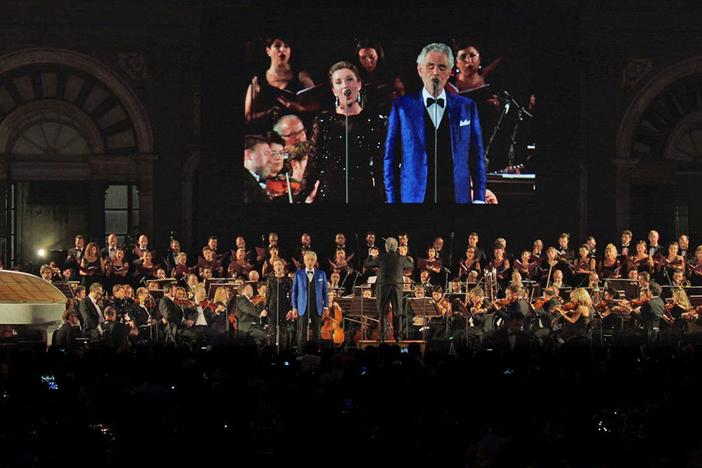 Andrea Bocelli performs O Sole Mio in the historical Palazzo Vecchio in Florence, Italy.