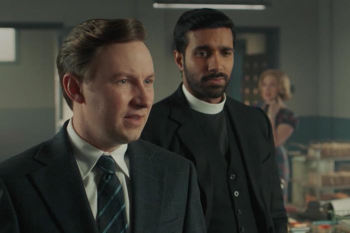 Geordie, Larry, Alphy, and Miss Scott discuss the main suspect in a new case: Sam.