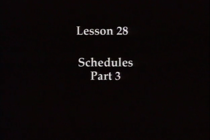 Lesson 28. The topic covered is schedules. Writing practice covers the hiragana: