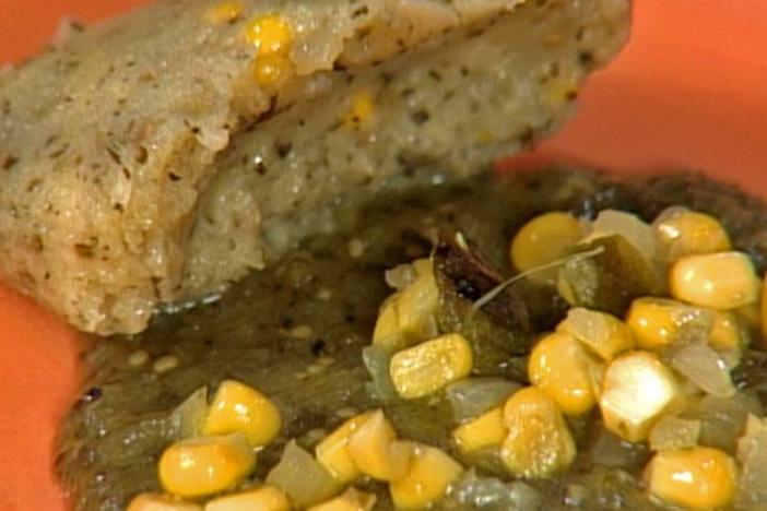 Chef Zarela Martinez makes one of her famous Mexican dishes - tamal with mole verde.