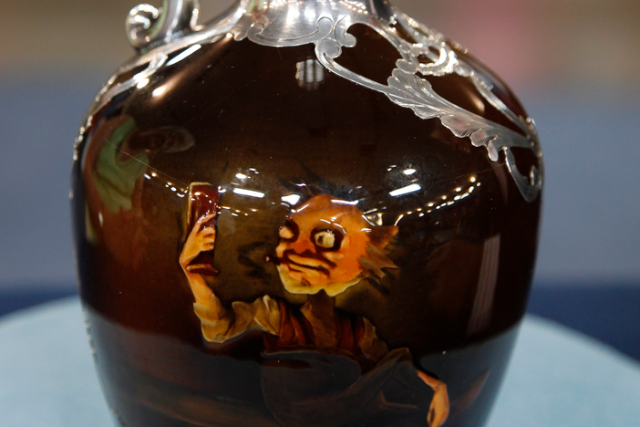 Appraisal: 1892 Rookwood Spirit Jug with Silver Overlay, in San Jose, Hour 2.
