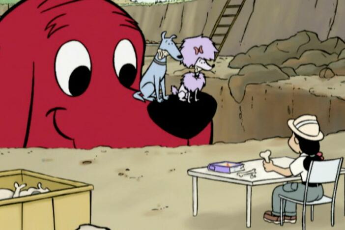 Cleo and T-Bone borrow Clifford's favorite blanket. / The gang digs for fossils.