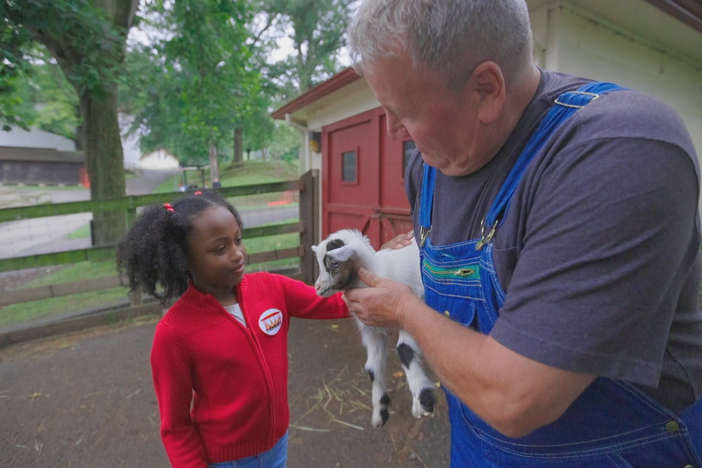 Ameena visits Farmer George to learn about all the different farm animals.