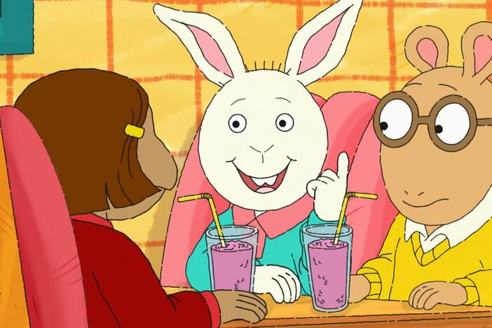 Buster, Francine, Muffy, and Arthur imagine how Binky got an "A" on a test.