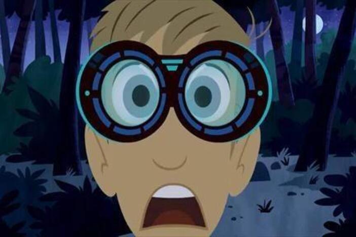 Chris and Martin find a googly-eyed tarsier with their night goggles.