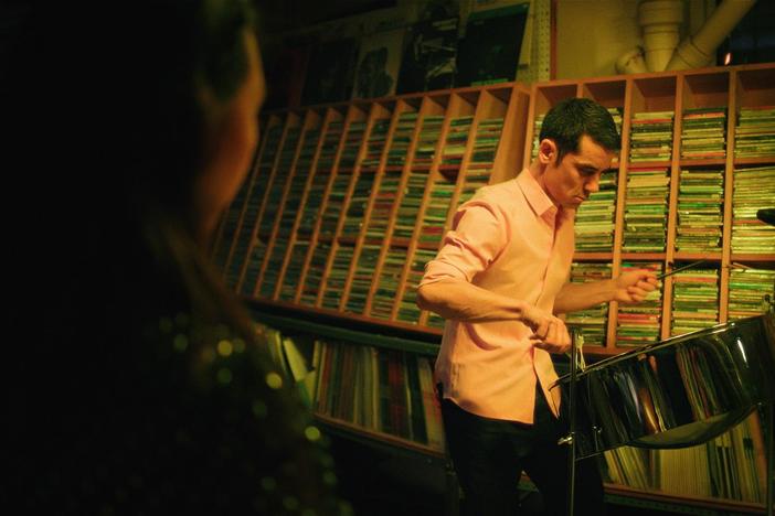 Andy Akiho performs his trio "Aka" for bass, drums and steelpan drums.