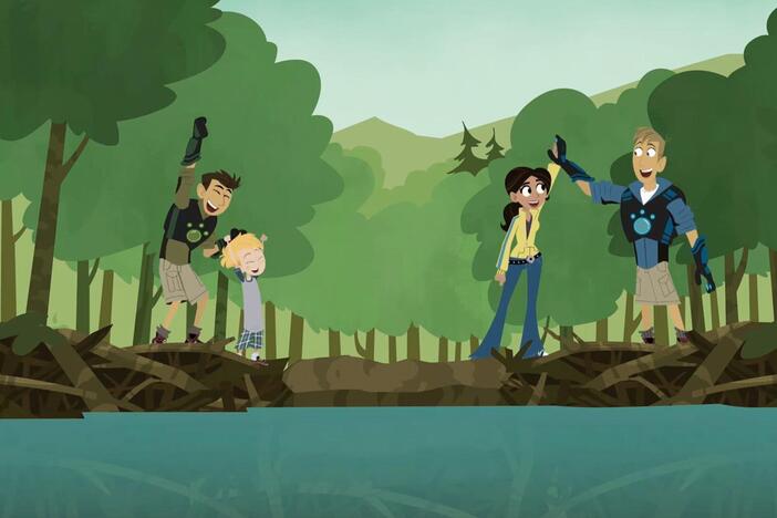 The gang works together to build a beaver dam.