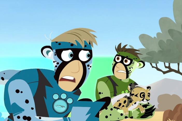 The Kratts encounter a lion on the savannah and fall into a chasm while escaping.