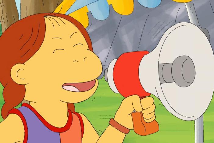 Muffy's friends are swimming in her pool.