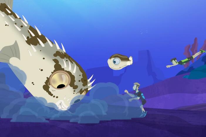 Chris and Martin try to free a blowfish who has gotten stuck inside another fish's mouth!