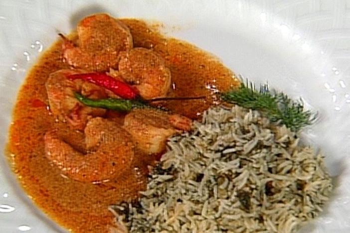 Madhur Jaffrey prepares shrimp in a spicy coconut sauce and basmati rice with dill.