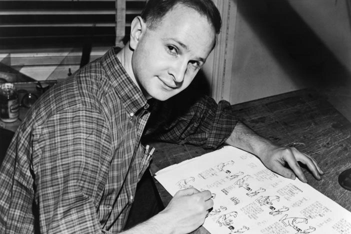 <em>Jules Feiffer at work on proof sheets from his first book,</em> Sick, Sick, Sick <em>in New York in 1958.</em>