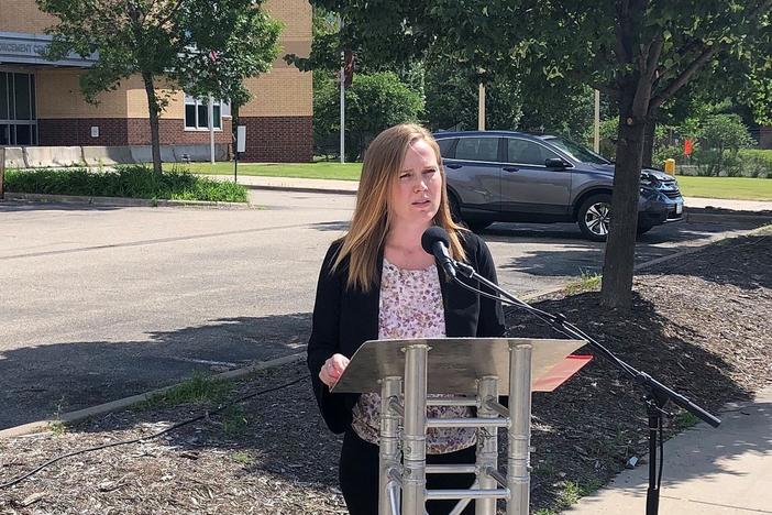 Minneapolis attorney Bonnie Smith, who is representing eight correctional officers in a discrimination case against the Ramsey County jail, speaks outside the facility in St. Paul, Minn., on Sunday.