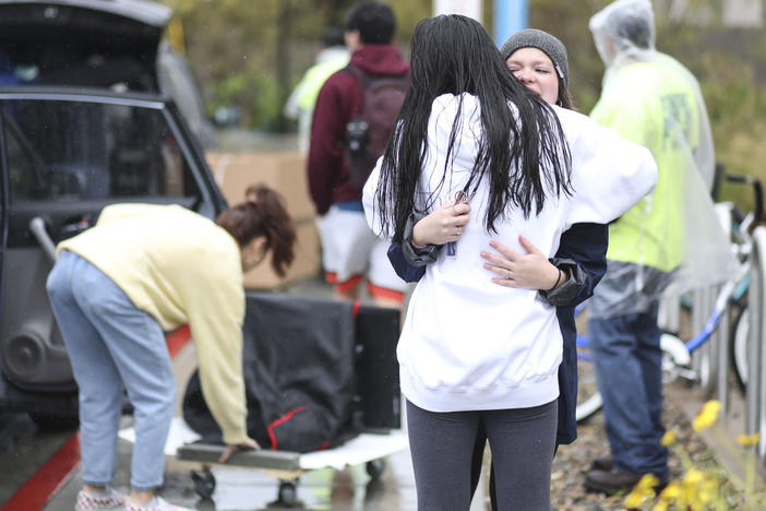 Students move out of dormitories at San Diego State University in March, after the university cancelled the rest of the semester and has asked students to move out within 48 hours. Nine percent of young adults say they've moved due to the COVID-19 pandemic.