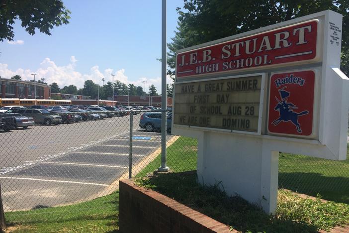 The sign for J.E.B. Stuart High School in Falls Church, Va., named after the slaveholding Confederate general, photographed in 2017. The name was changed to Justice High School two years ago.