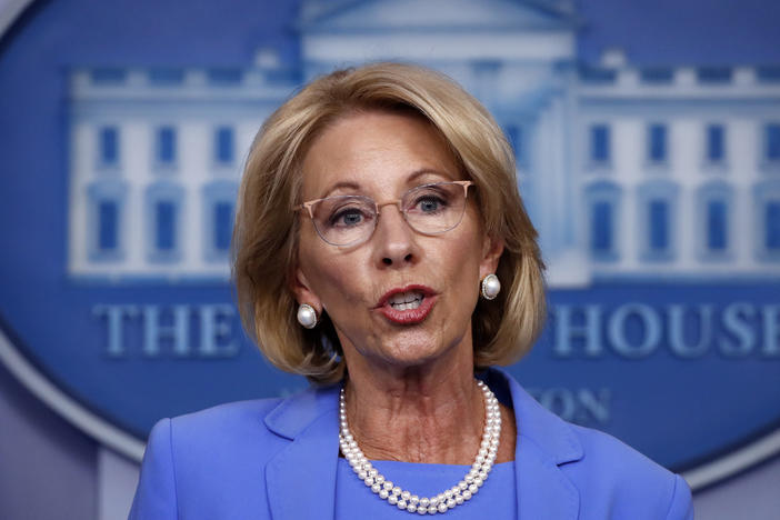 Education Secretary Betsy DeVos speaks to reporters about the coronavirus at the White House in March.