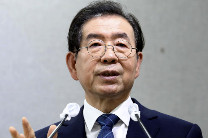 Police say that Seoul Mayor Park Won-soon, shown during a press conference earlier this month, was found dead in a wooded park. A police official says the cause of death is under investigation.