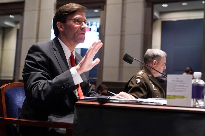 Defense Secretary Mark Esper (left) and Gen. Mark Milley, chairman of the Joint Chiefs of Staff, testify Thursday before a House Armed Services Committee hearing.