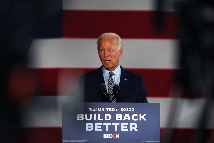 Presumptive Democratic presidential nominee Joe Biden discusses his economic policy Thursday at McGregor Industries in Dunmore, Pa.