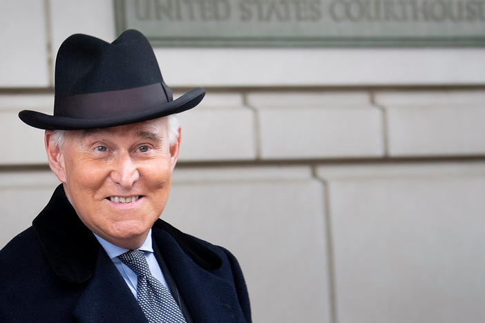 Roger Stone leaves federal court after a sentencing hearing in February in Washington, D.C.