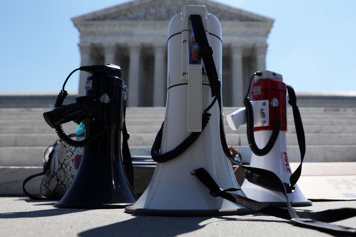 Bullhorns are seen during a demonstration in front of the Supreme Court on June 29. The court had a momentous term with cases ranging from President Trump's financial records to immigration and abortion.