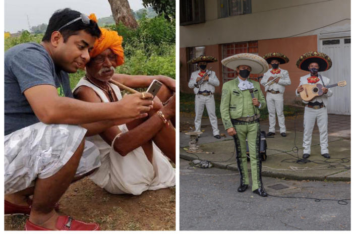 Left: Tech entrepreneur Ruchit Garg is helping farmers connect to customers in India. Center: A mariachi band brings music and joy to the streets of Colombia during lockdown. Right: Designer Rhea Shah created an affordable cardboard bed for health facilities in India.